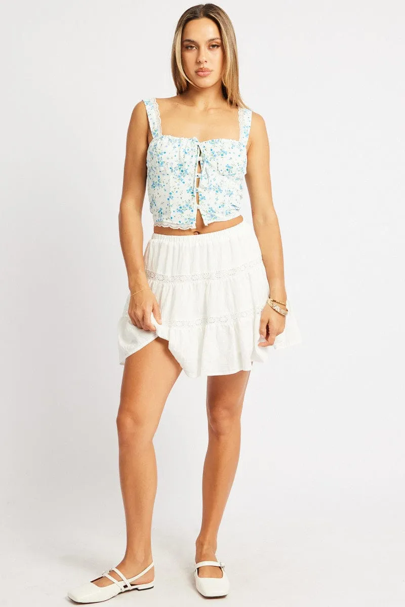 White Skater Skirt Tiered High Rise Mini Lace Insert
