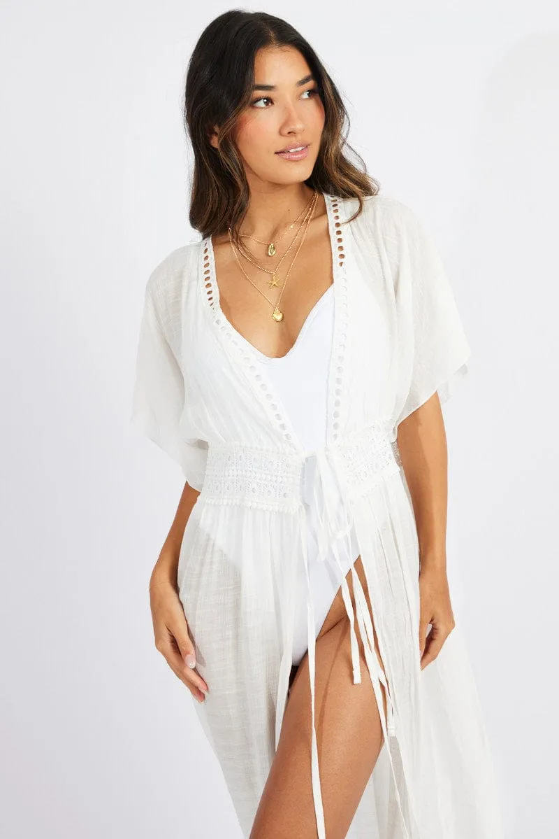 White Tie Front Kimono Short Sleeve Longline