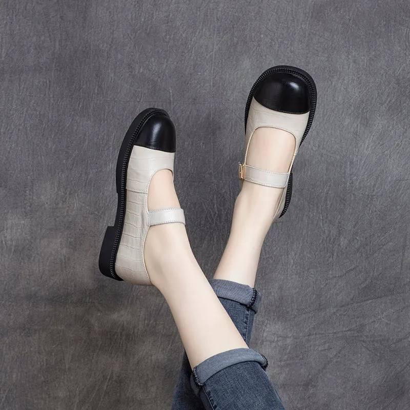 Women Spring Retro Leather Velcro Soft Sole Loafers
