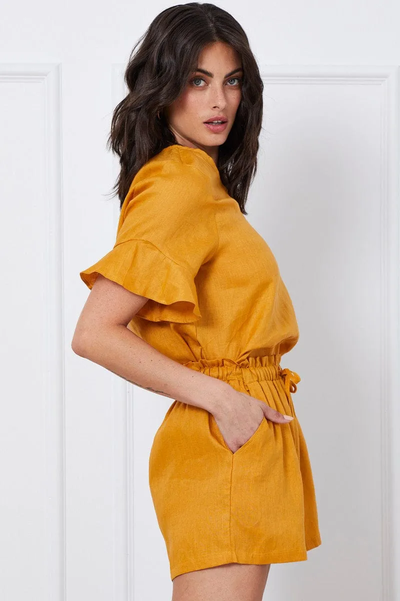 Yellow Tie Up Linen Shorts Paper Bag Linen