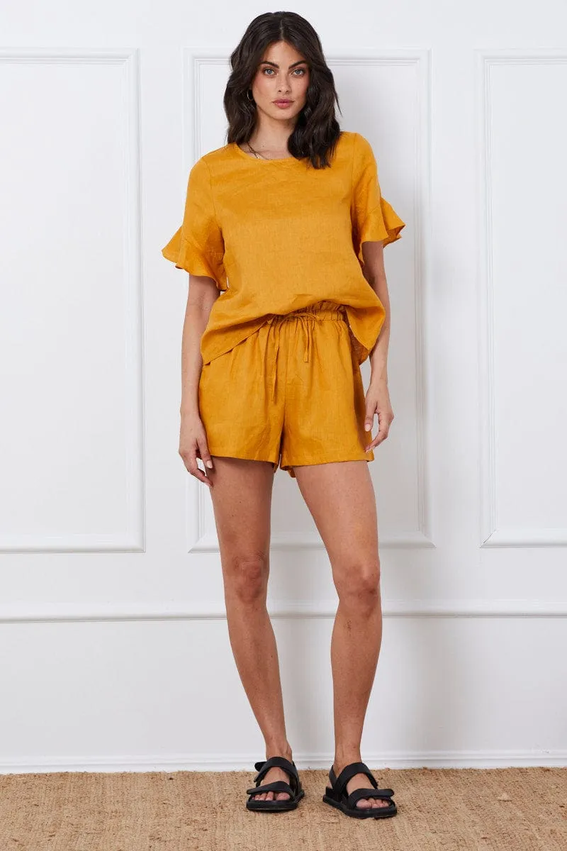 Yellow Tie Up Linen Shorts Paper Bag Linen