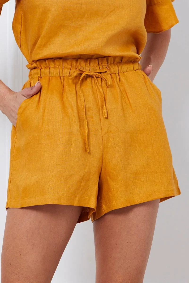 Yellow Tie Up Linen Shorts Paper Bag Linen